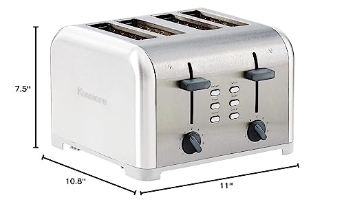 Kenmore 4-Slice Toaster, White Stainless Steel, Dual Controls, Extra Wide Slots, Bagel and Defrost Functions, 9 Browning Levels, Removable Crumb Trays, for Bread, Toast, Muffin, Toaster Strudel…