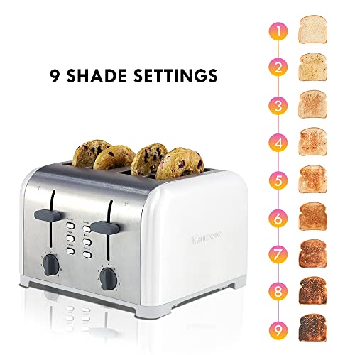 Kenmore 4-Slice Toaster, White Stainless Steel, Dual Controls, Extra Wide Slots, Bagel and Defrost Functions, 9 Browning Levels, Removable Crumb Trays, for Bread, Toast, Muffin, Toaster Strudel…