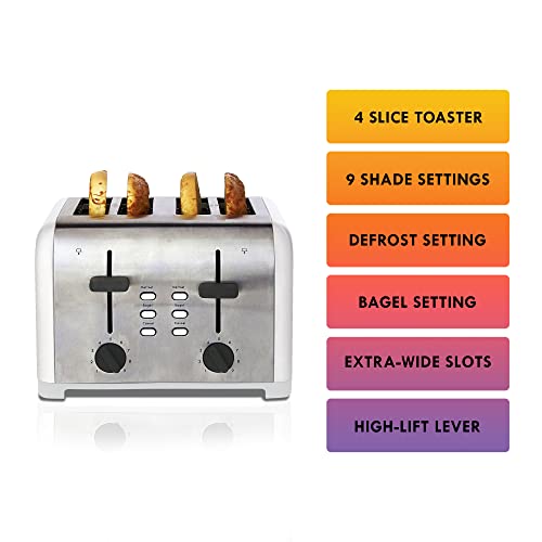 Kenmore 4-Slice Toaster, White Stainless Steel, Dual Controls, Extra Wide Slots, Bagel and Defrost Functions, 9 Browning Levels, Removable Crumb Trays, for Bread, Toast, Muffin, Toaster Strudel…