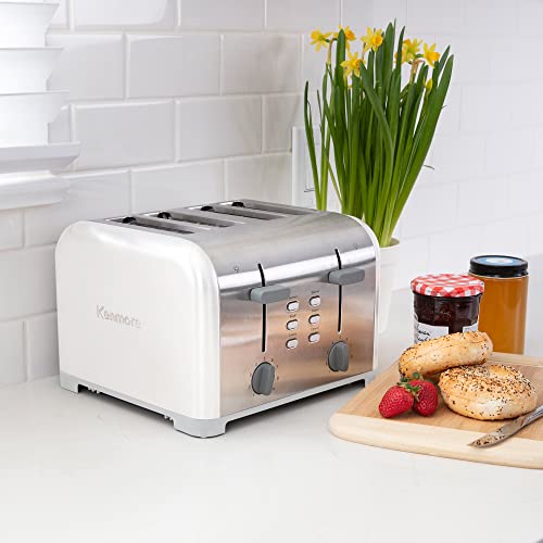 Kenmore 4-Slice Toaster, White Stainless Steel, Dual Controls, Extra Wide Slots, Bagel and Defrost Functions, 9 Browning Levels, Removable Crumb Trays, for Bread, Toast, Muffin, Toaster Strudel…