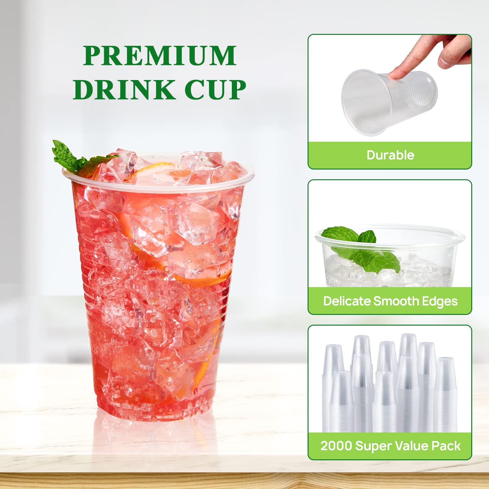 Vplus 2000 Pack 9 OZ Clear Plastic Cups, Disposable Plastic Cups, 9 Ounce Cold Party Drinking Cups for Wedding Thanksgiving Christmas Party