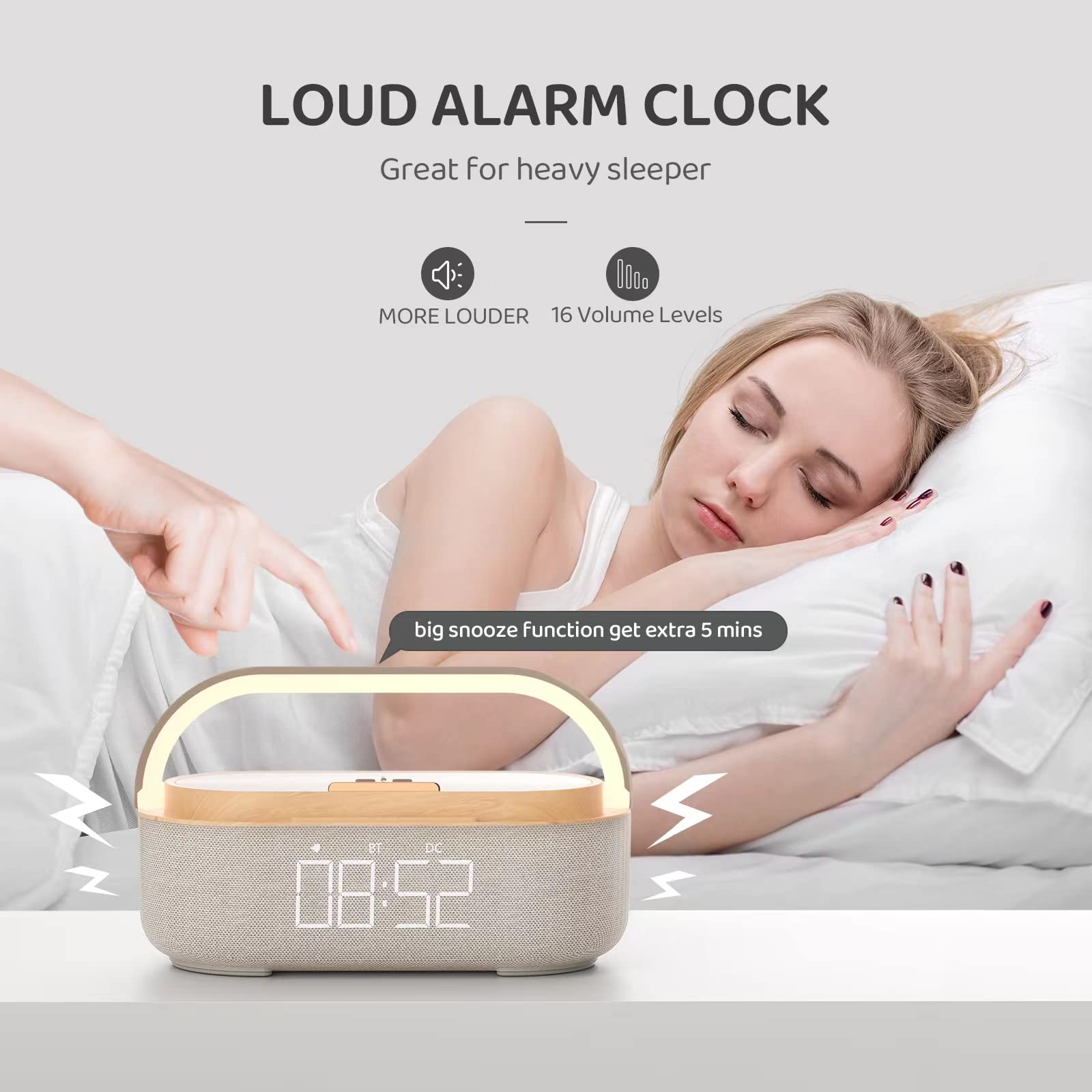 COLSUR Bluetooth Speaker Alarm Clock with Wireless Charger, LED Night Light, 2500mAh Battery - For Bedroom, Home