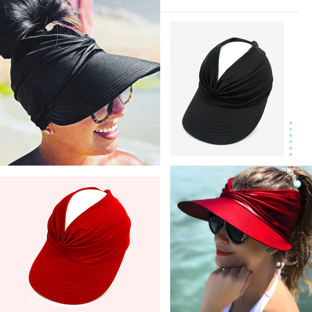 Women Visor Ponytail Sun Hat UPF 50+ UV Protection Wide Brim Beach Cap Summer Hat Outdoor(Black)