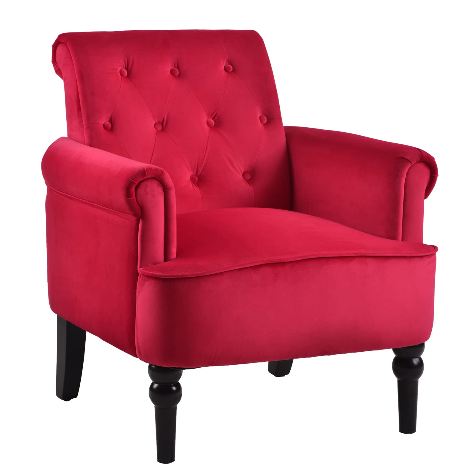 Accent Chair with Roll Arm, Upholstered Modern Reading Sofa Chair with Wood Legs and Wingback, Button Tufted Club Velvet Vanity Armchairs for Living Room, Bedroom, Lounge Room (Red)