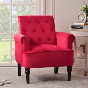 Accent Chair with Roll Arm, Upholstered Modern Reading Sofa Chair with Wood Legs and Wingback, Button Tufted Club Velvet Vanity Armchairs for Living Room, Bedroom, Lounge Room (Red)