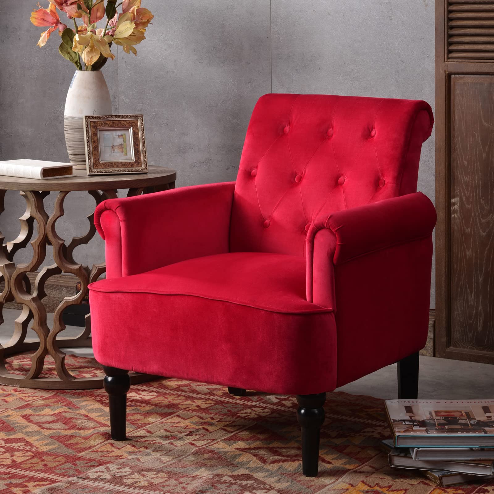 Accent Chair with Roll Arm, Upholstered Modern Reading Sofa Chair with Wood Legs and Wingback, Button Tufted Club Velvet Vanity Armchairs for Living Room, Bedroom, Lounge Room (Red)