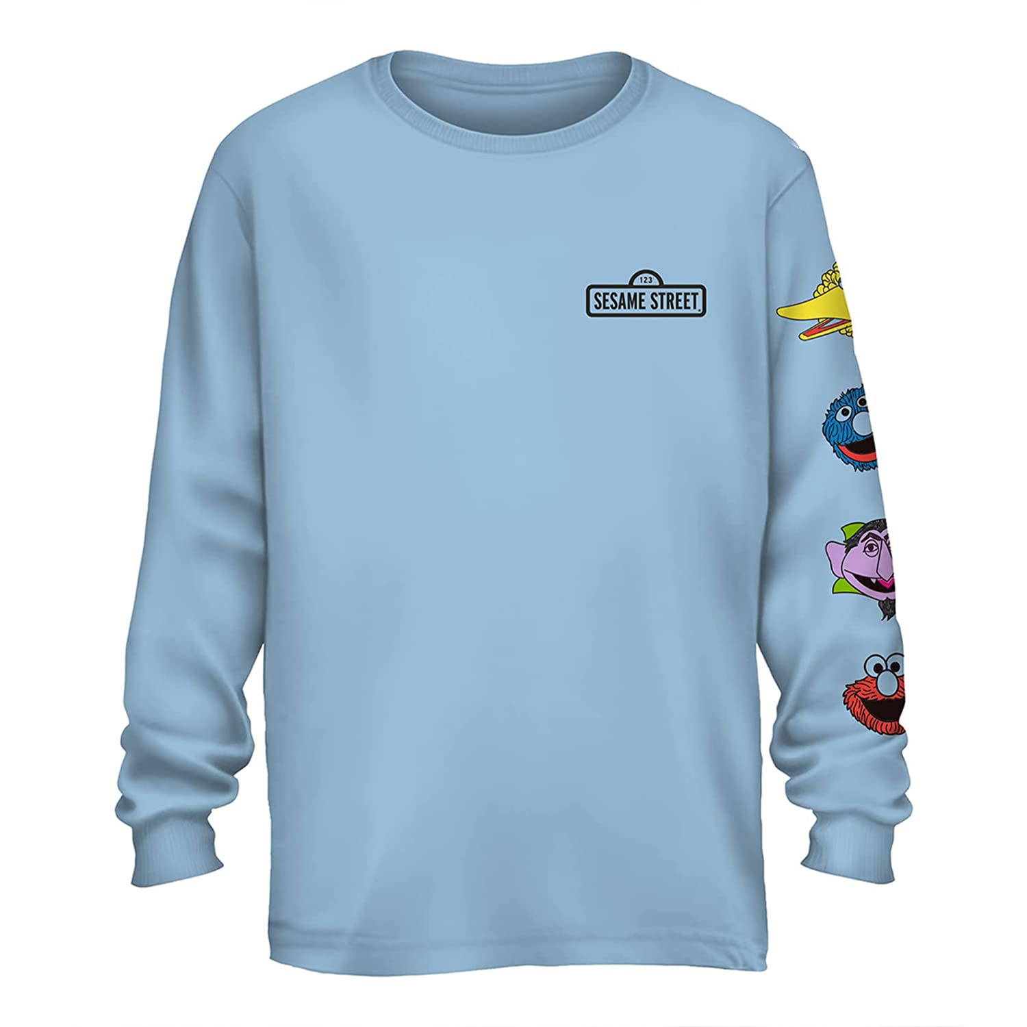 Sesame Street Mens Classic Shirt Elmo Cookie Monster Big Bird Tee Long Sleeve T-Shirt (Sky Blue, Small)