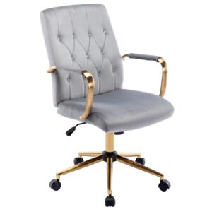 duhome velvet home office desk chairs, modern gold task chair with wheels for office, swivel adjustable computer chair with armrest and gold base grey