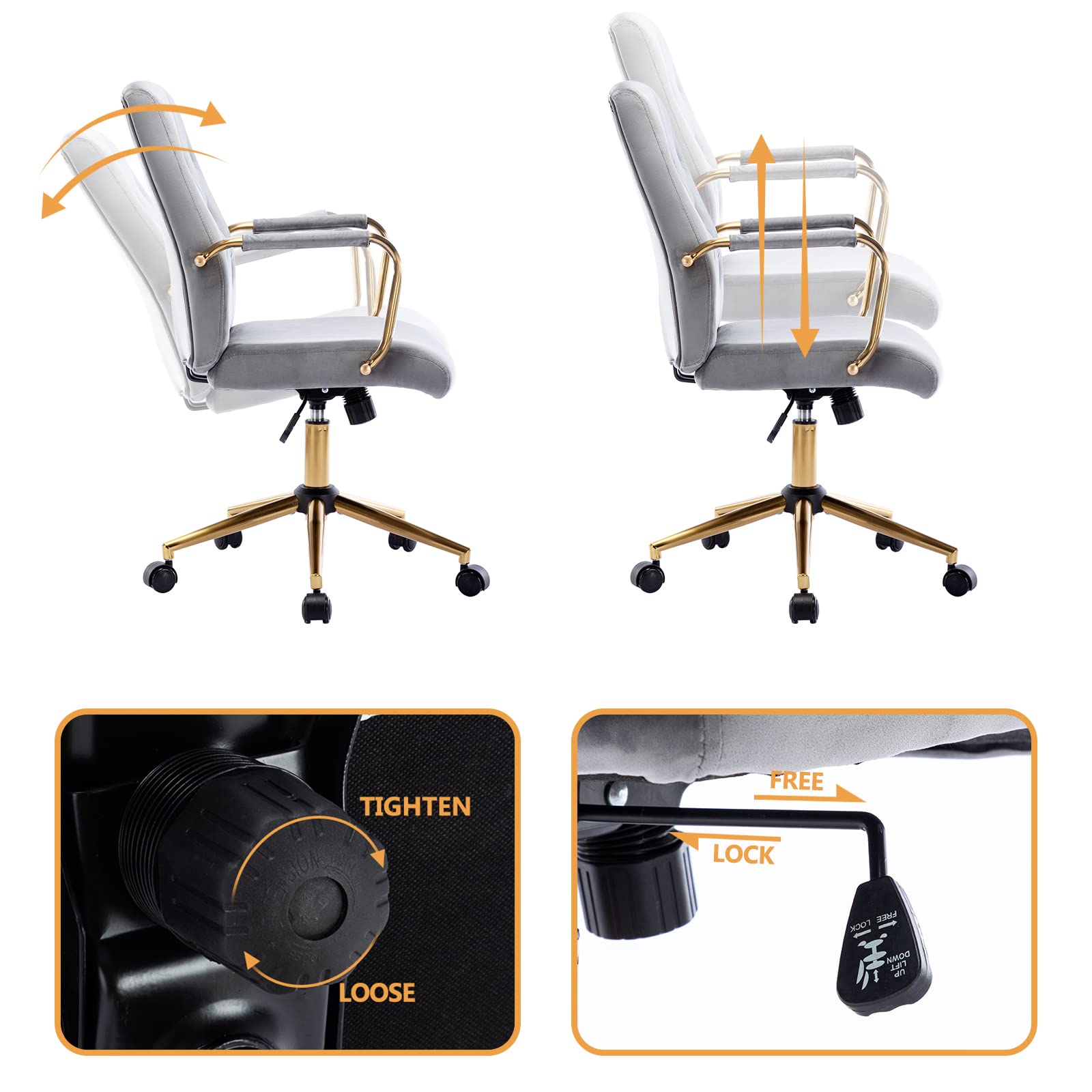 DUHOME Velvet Home Office Desk Chairs, Modern Gold Task Chair with Wheels for Office, Swivel Adjustable Computer Chair with Armrest and Gold Base Grey