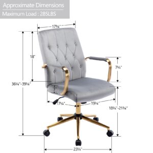 DUHOME Velvet Home Office Desk Chairs, Modern Gold Task Chair with Wheels for Office, Swivel Adjustable Computer Chair with Armrest and Gold Base Grey