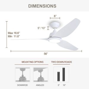 Ovlaim 56 Inch Smart Ceiling Fans with Lights and Remote, 3 Blade Indoor Outdoor Modern White Ceiling Fan for Bedroom Living Room Patio, High CFM Quiet DC Motor