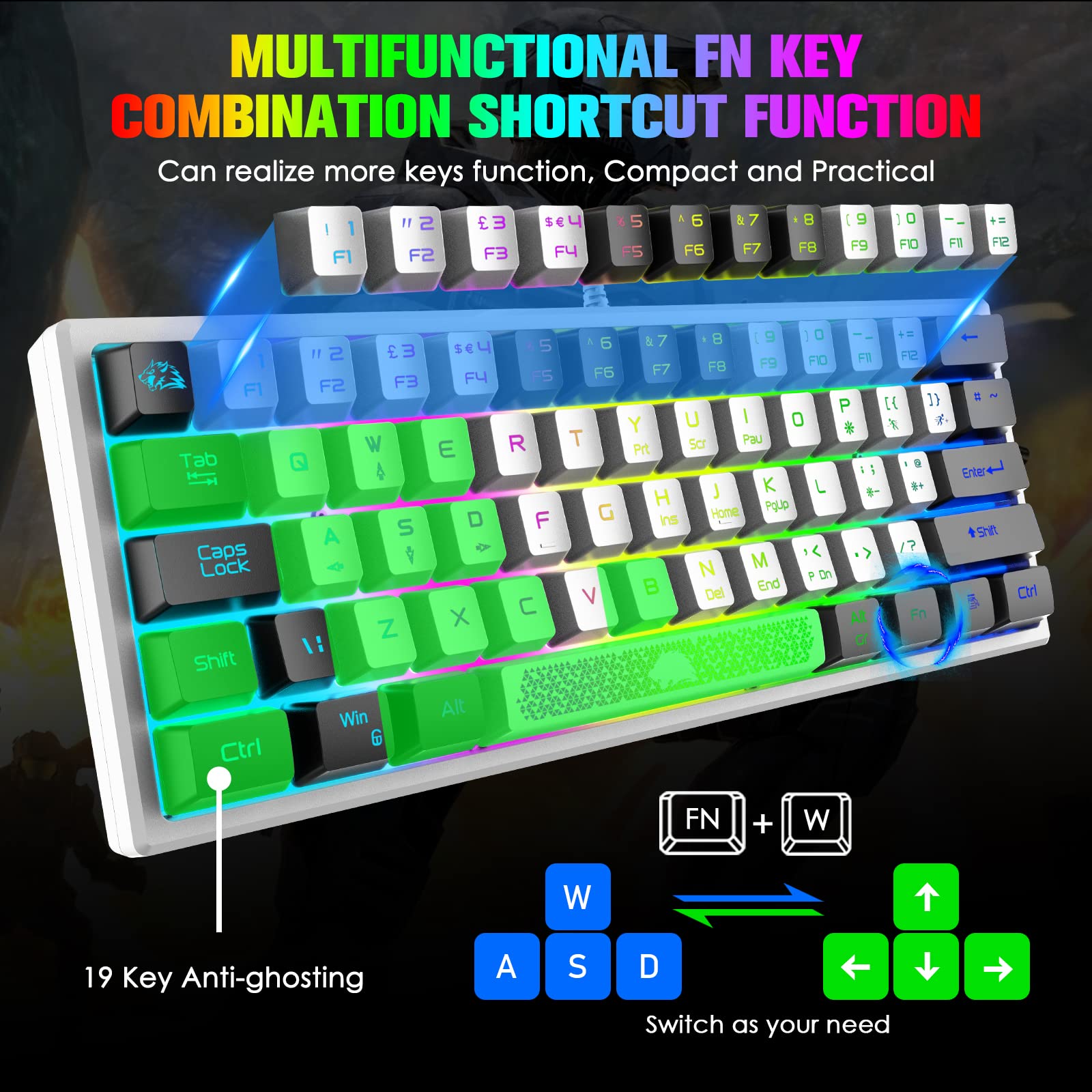 ZIYOU LANG K61 60% Wired Gaming Keyboard RGB Backlit Membrane Keyboard Mechanical Feel Ultra-Compact Mini Waterproof Keyboard for PC Computer Gamer (White Black)