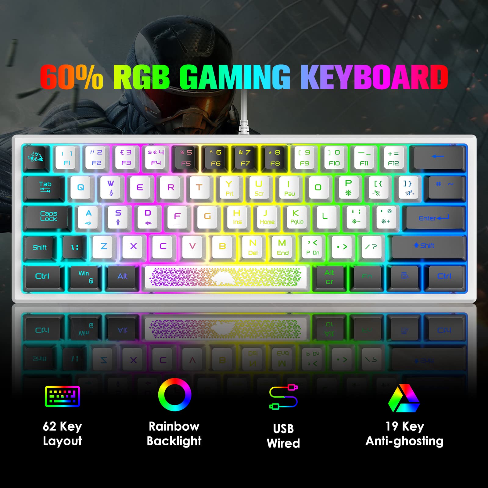 ZIYOU LANG K61 60% Wired Gaming Keyboard RGB Backlit Membrane Keyboard Mechanical Feel Ultra-Compact Mini Waterproof Keyboard for PC Computer Gamer (White Black)