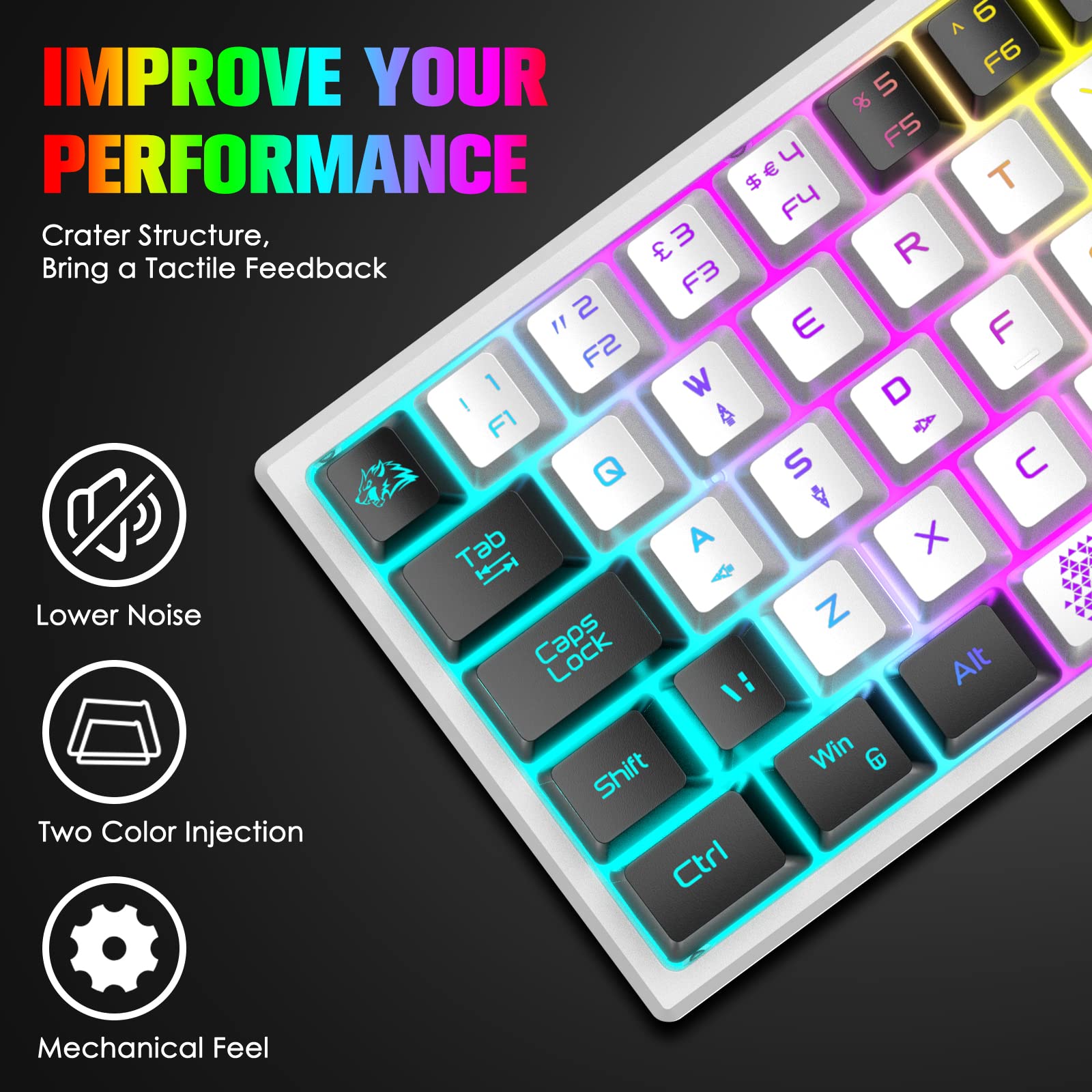 ZIYOU LANG K61 60% Wired Gaming Keyboard RGB Backlit Membrane Keyboard Mechanical Feel Ultra-Compact Mini Waterproof Keyboard for PC Computer Gamer (White Black)