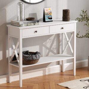 choochoo console table with drawers, narrow wood accent sofa table entryway table with storage shelf for entryway, front hall, hallway, living room, white