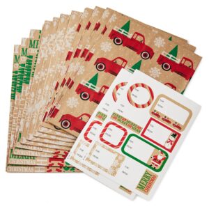 Hallmark Recyclable Kraft Christmas Flat Wrapping Paper Sheets with Cutlines on Reverse (12 Folded Sheets with Sticker Gift Tags) Rustic Red Trucks, White Snowflakes, "Merry Christmas" Lettering