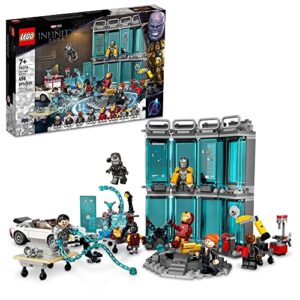 lego marvel iron man armory toy building set 76216, avengers gift for 7 plus year old kids, boys & girls, iron man pretend play toy, marvel building kit with mk3, mk25 and mk85 suit minifigures