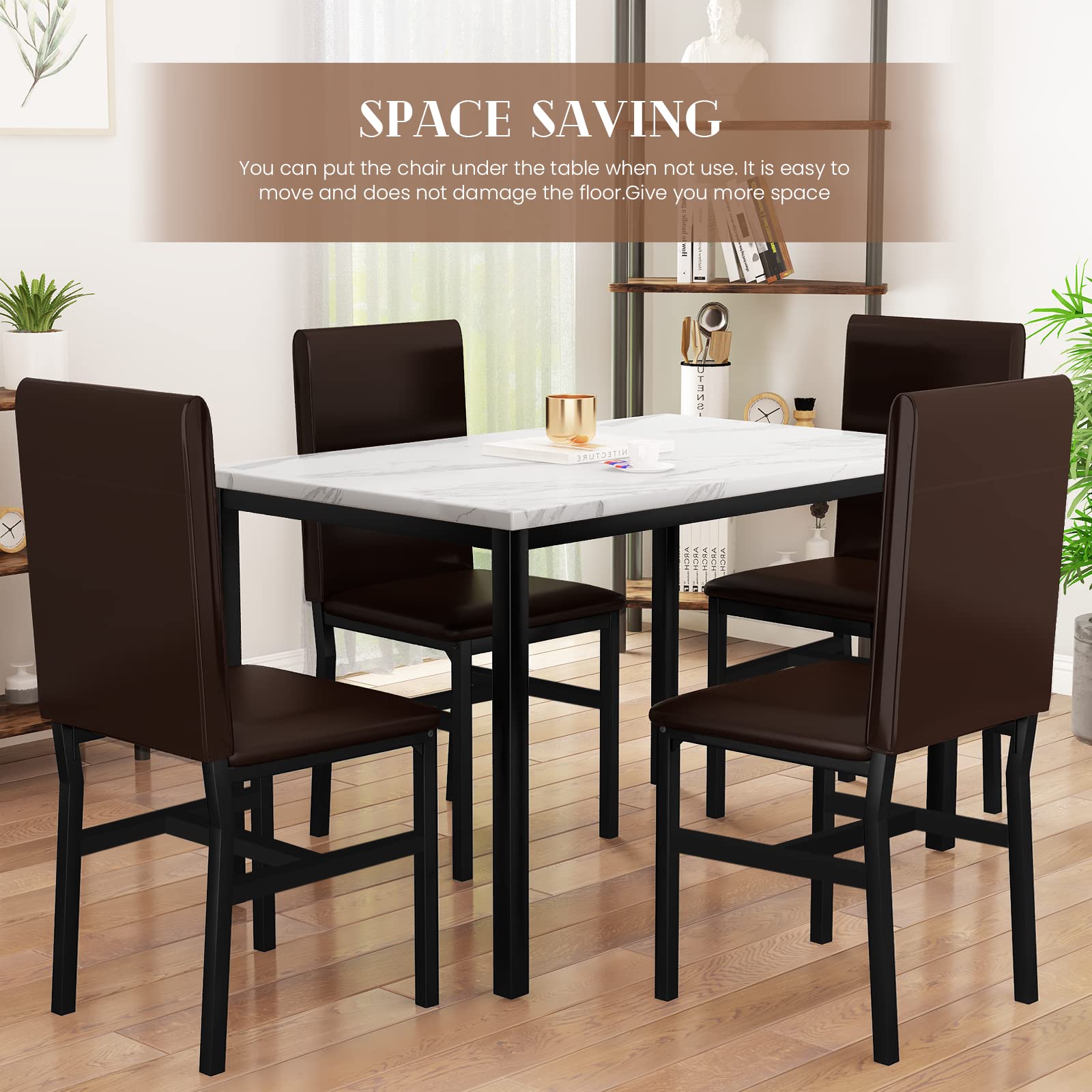 AWQM 5 Piece Dinning Table Sets for 4, Marble Kitchen Table and Chairs for 4,Dining Room Table Set with PU Leather Chairs,Faux Marble Dining Set for Small Spaces,Living Room,White+Brown