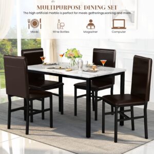 AWQM 5 Piece Dinning Table Sets for 4, Marble Kitchen Table and Chairs for 4,Dining Room Table Set with PU Leather Chairs,Faux Marble Dining Set for Small Spaces,Living Room,White+Brown