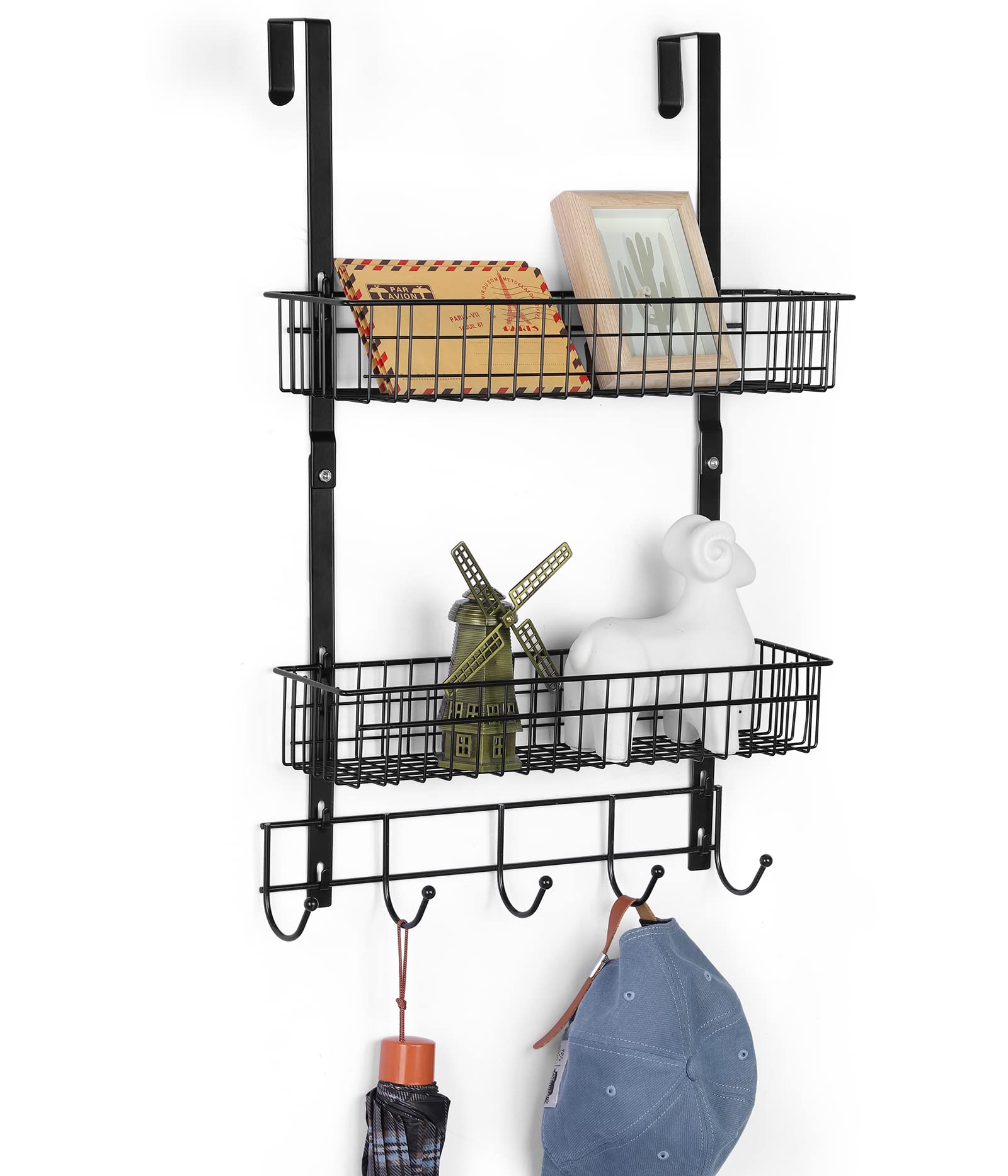 NEX Over The Door Hooks Organizer Hanger, Coat Hooks Towel Rack with 2 Mesh Basket 5 Hooks Hanging Storage Spice Rack Rustproof for Bathroom Bedroom Kitchen Back of Door Storage Shelves, Black