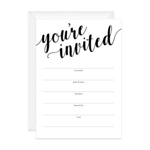 Canopy Street Black And White All Occasion Script Invitations / 25 Fill In General Use Invites / 5" x 7" Flat Modern Shower Party Or Event Invitation/Made In The USA