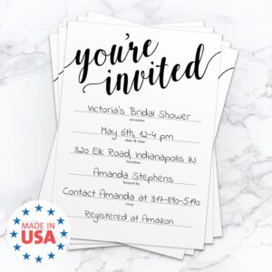 Canopy Street Black And White All Occasion Script Invitations / 25 Fill In General Use Invites / 5" x 7" Flat Modern Shower Party Or Event Invitation/Made In The USA