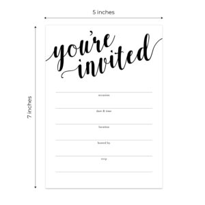 Canopy Street Black And White All Occasion Script Invitations / 25 Fill In General Use Invites / 5" x 7" Flat Modern Shower Party Or Event Invitation/Made In The USA