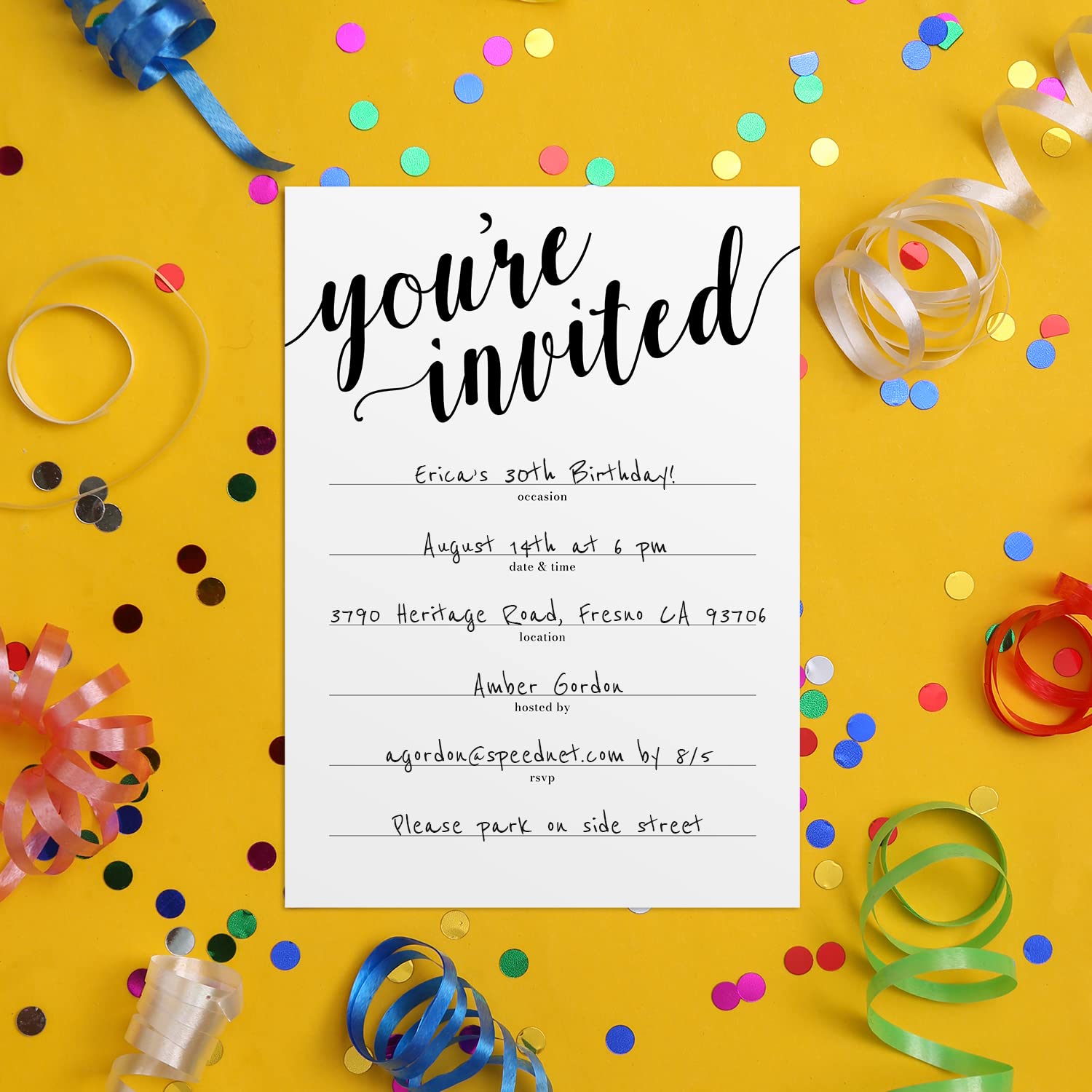 Canopy Street Black And White All Occasion Script Invitations / 25 Fill In General Use Invites / 5" x 7" Flat Modern Shower Party Or Event Invitation/Made In The USA