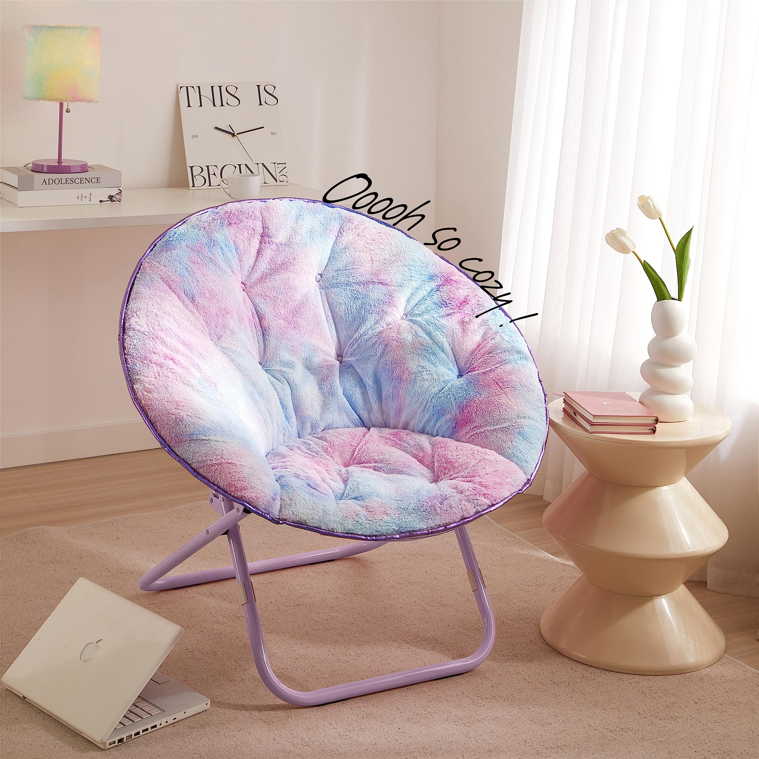 Urban Lifestyle Faux Fur Foldable Saucer Chair, Rainbow