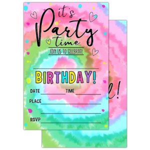 birthday party invitation cards for teens, tie dye party, party invitation for girls boys, party celebration for kids, personalized 20 cards with 20 envelopes – a002