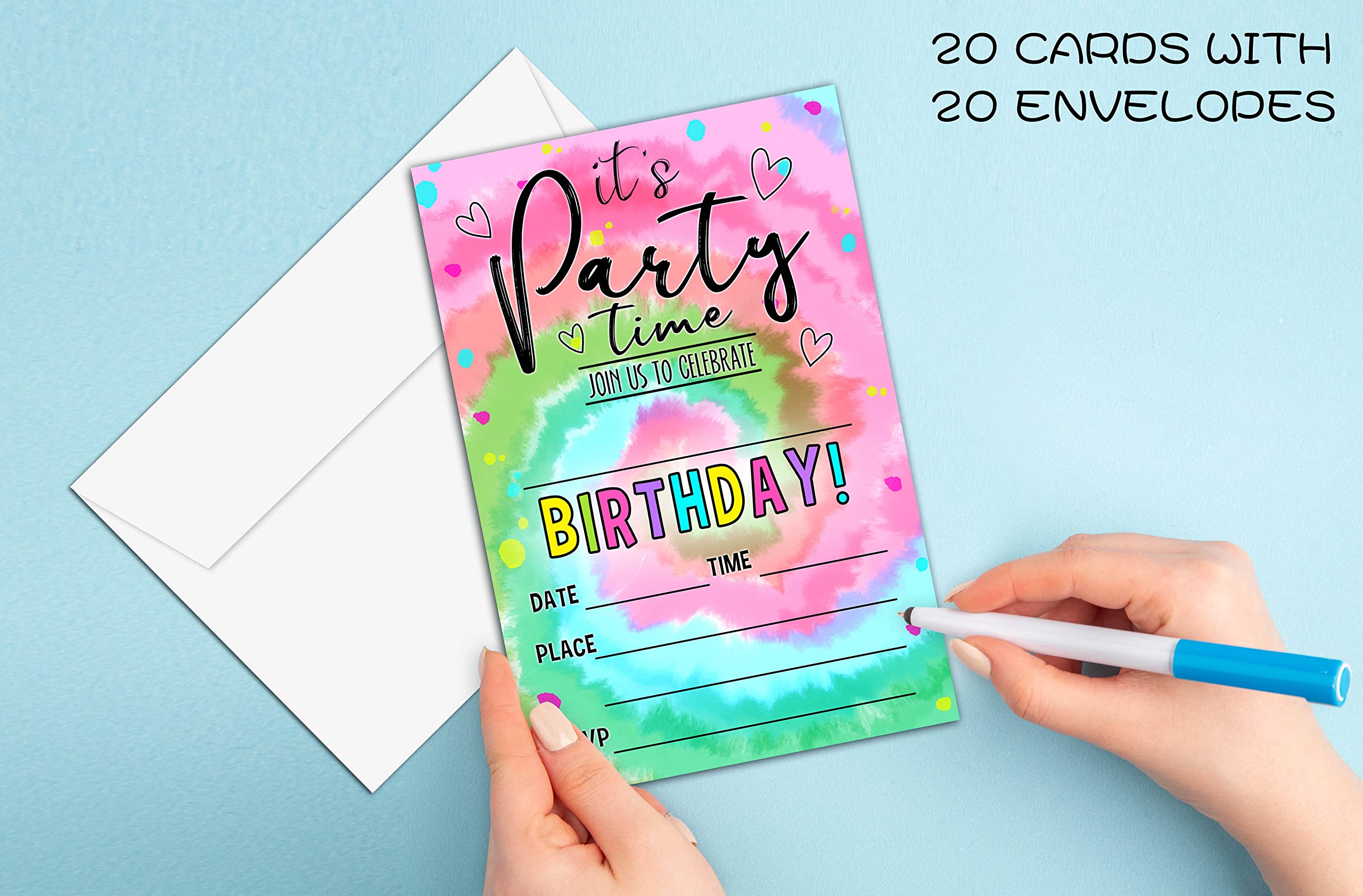 Birthday Party Invitation Cards for Teens, Tie Dye Party, Party Invitation for Girls Boys, Party Celebration for Kids, Personalized 20 Cards With 20 Envelopes – A002