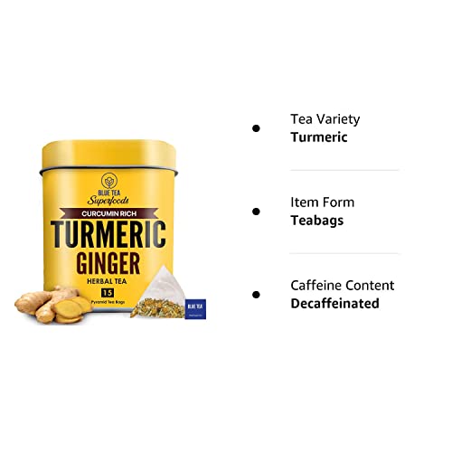 BLUE TEA - Turmeric Ginger Tea - 15 Tea Bags | PRIME SAVING DAY | AYURVEDIC BLEND | Detox Tea - Immunity Booster - Caffeine-free - Vegan - Non-GMO - Gluten Free - Natural Ingredients | Tin Pack