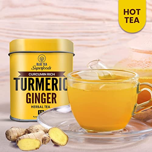 BLUE TEA - Turmeric Ginger Tea - 15 Tea Bags | PRIME SAVING DAY | AYURVEDIC BLEND | Detox Tea - Immunity Booster - Caffeine-free - Vegan - Non-GMO - Gluten Free - Natural Ingredients | Tin Pack