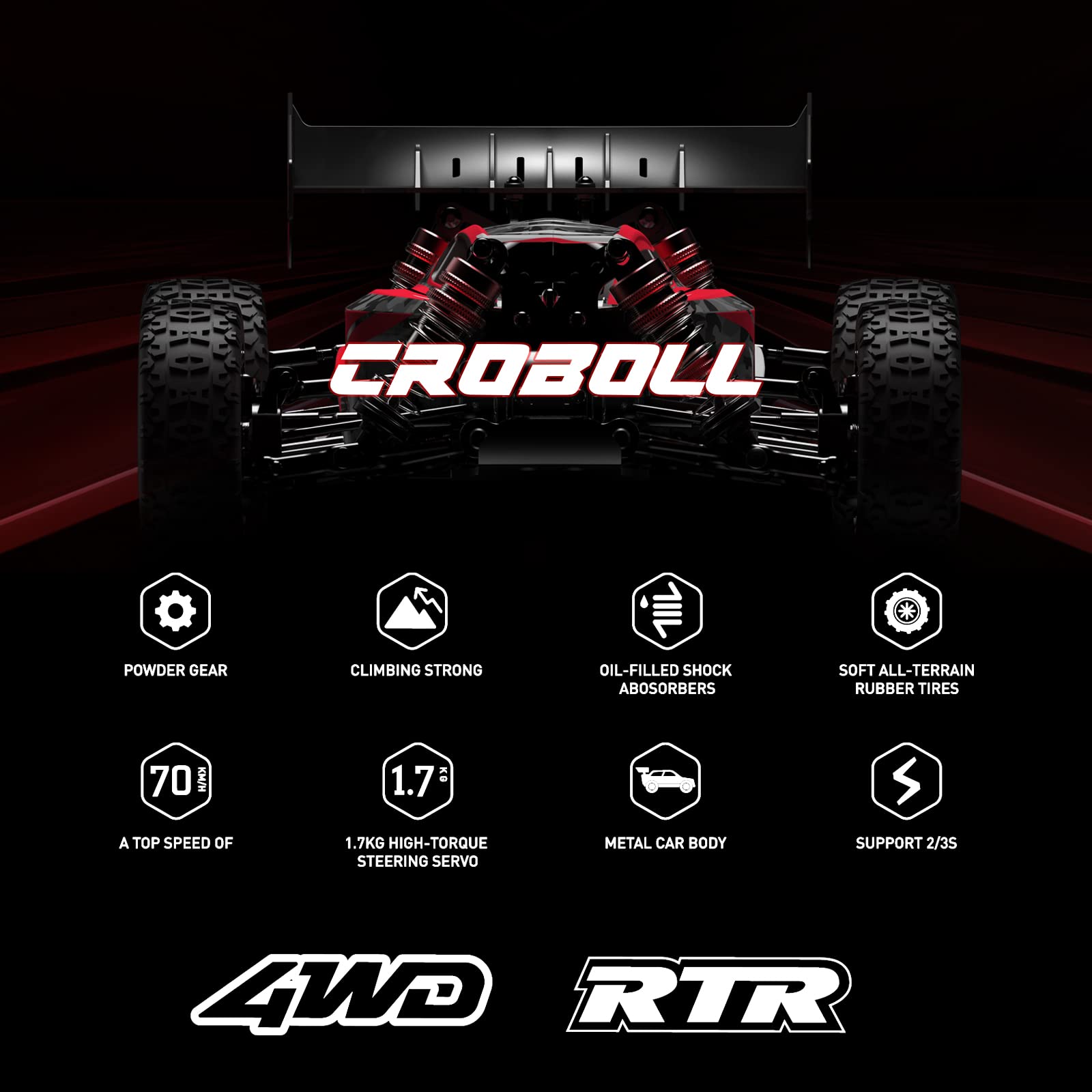 CROBOLL 1:14 Fast RC Cars for Adults 70+KMH Hobby RC Truck, 4WD Remote Control Car Off-Road Racing Buggy, Electric Vehicle Toy for Adults Kids with Oil-Filled Shock Absorbers