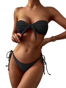 zaful knotted bandeau bikini for women strapless swimsuits high cut bathing suit sexy cheeky tie side swimwear black s