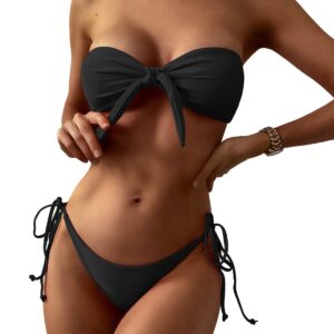 ZAFUL Knotted Bandeau Bikini for Women Strapless Swimsuits High Cut Bathing Suit Sexy Cheeky Tie Side Swimwear Black S