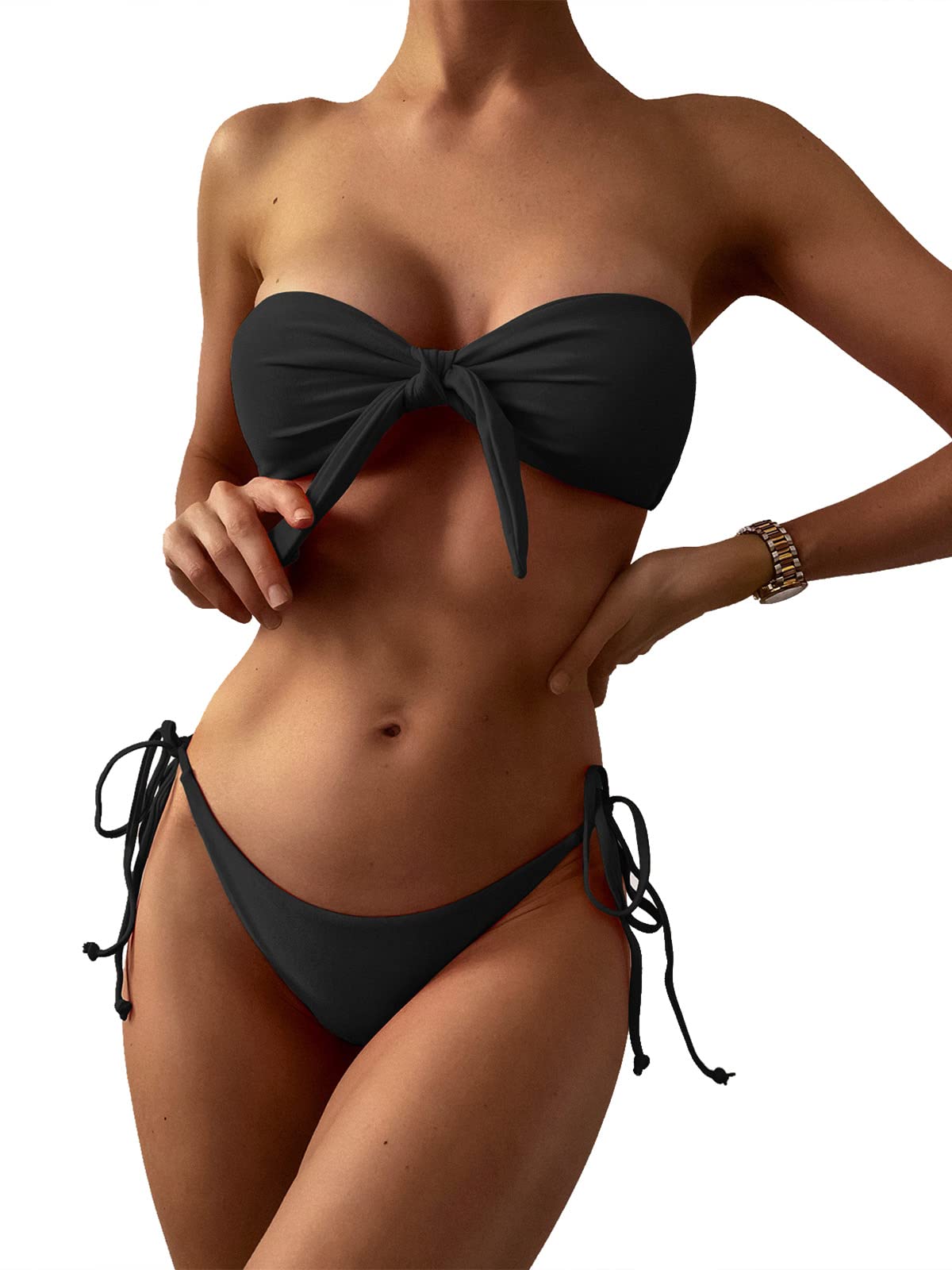 ZAFUL Knotted Bandeau Bikini for Women Strapless Swimsuits High Cut Bathing Suit Sexy Cheeky Tie Side Swimwear Black S