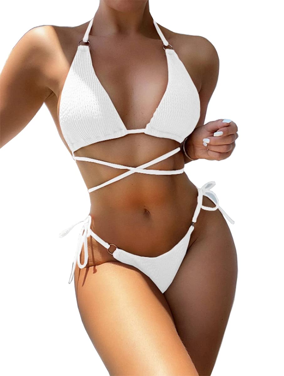 YIMISAN Sexy Two Piece Swimsuit fo Women Sexy Swimwear Halter String Triangle Thong Bikini Sets White