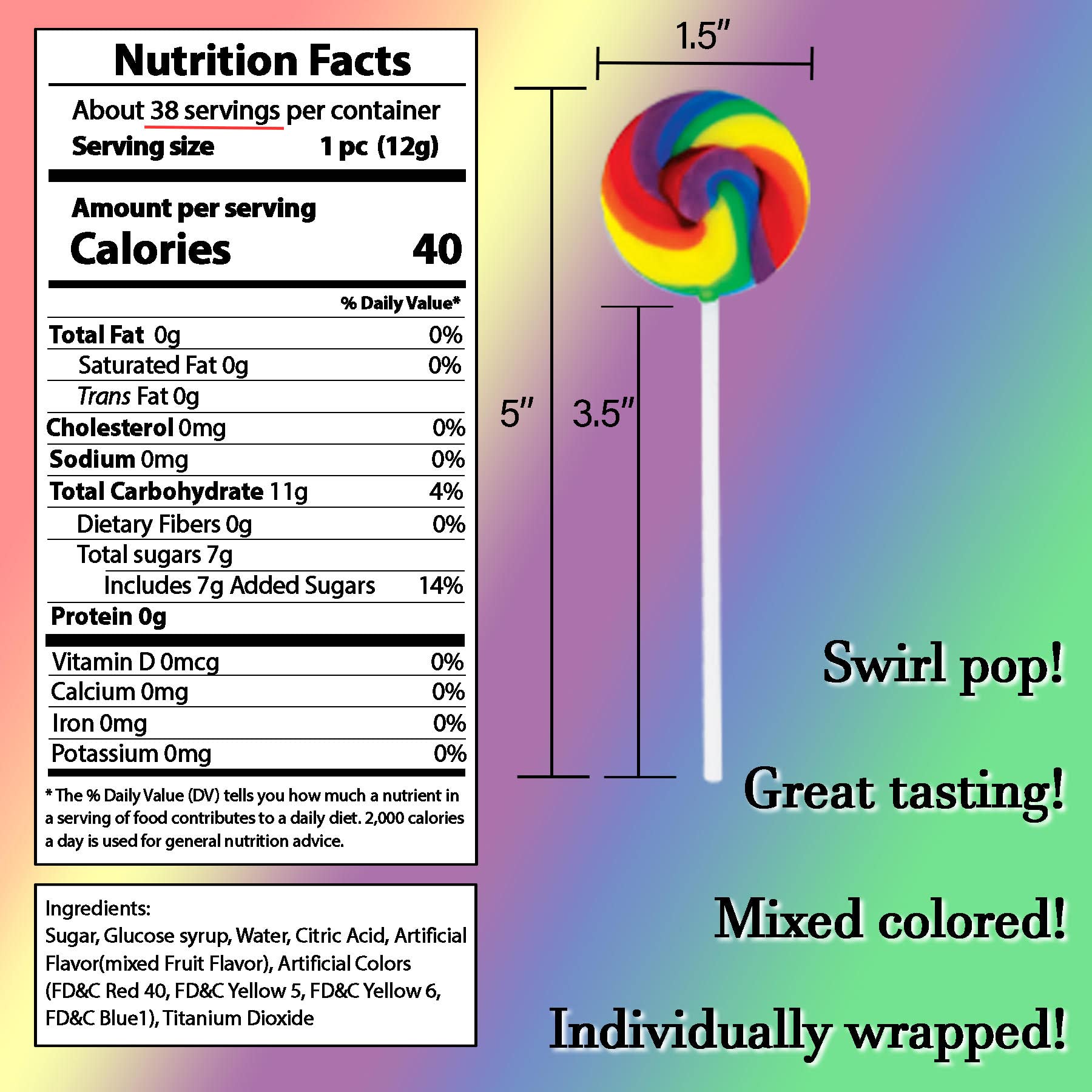 Mini Rainbow Swirl Lollipop Mixed Fruit Flavor Suckers, 38 Individually Wrapped Swirl Pop