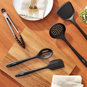 GreenPan 5 Piece Cooking Utensil Set, Flexible Nonstick Silicone, Stain-Free, Tongs, Turner, Spatula, Skimmer, and Slotted Spoon, Black