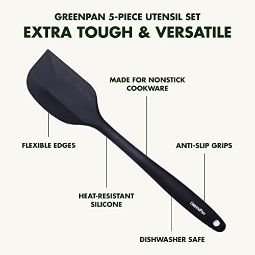 GreenPan 5 Piece Cooking Utensil Set, Flexible Nonstick Silicone, Stain-Free, Tongs, Turner, Spatula, Skimmer, and Slotted Spoon, Black