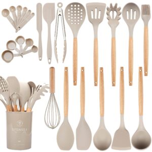 hvygss 26pcs kitchen utensils set with holder, large silicone cooking utensils set for nonstick cookware wooden handle spatulas silicone heat resistant kitchen gadgets utensil sets (khaki)