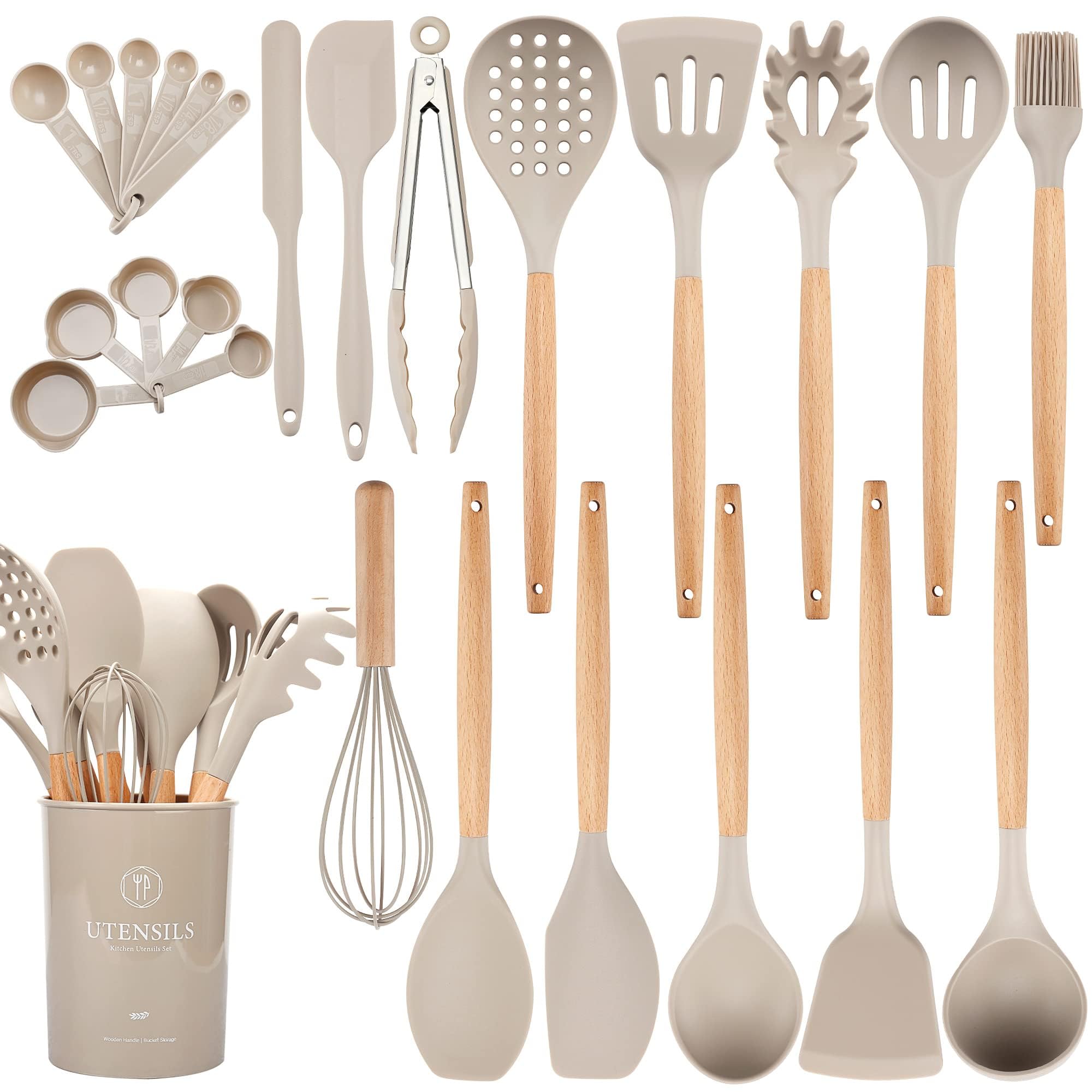 Hvygss 26Pcs Kitchen Utensils Set with Holder, Large Silicone Cooking Utensils Set for Nonstick Cookware Wooden Handle Spatulas Silicone Heat Resistant Kitchen Gadgets Utensil Sets (Khaki)