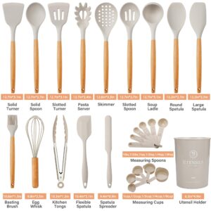 Hvygss 26Pcs Kitchen Utensils Set with Holder, Large Silicone Cooking Utensils Set for Nonstick Cookware Wooden Handle Spatulas Silicone Heat Resistant Kitchen Gadgets Utensil Sets (Khaki)