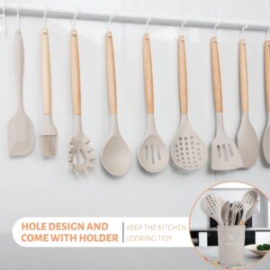 Hvygss 26Pcs Kitchen Utensils Set with Holder, Large Silicone Cooking Utensils Set for Nonstick Cookware Wooden Handle Spatulas Silicone Heat Resistant Kitchen Gadgets Utensil Sets (Khaki)