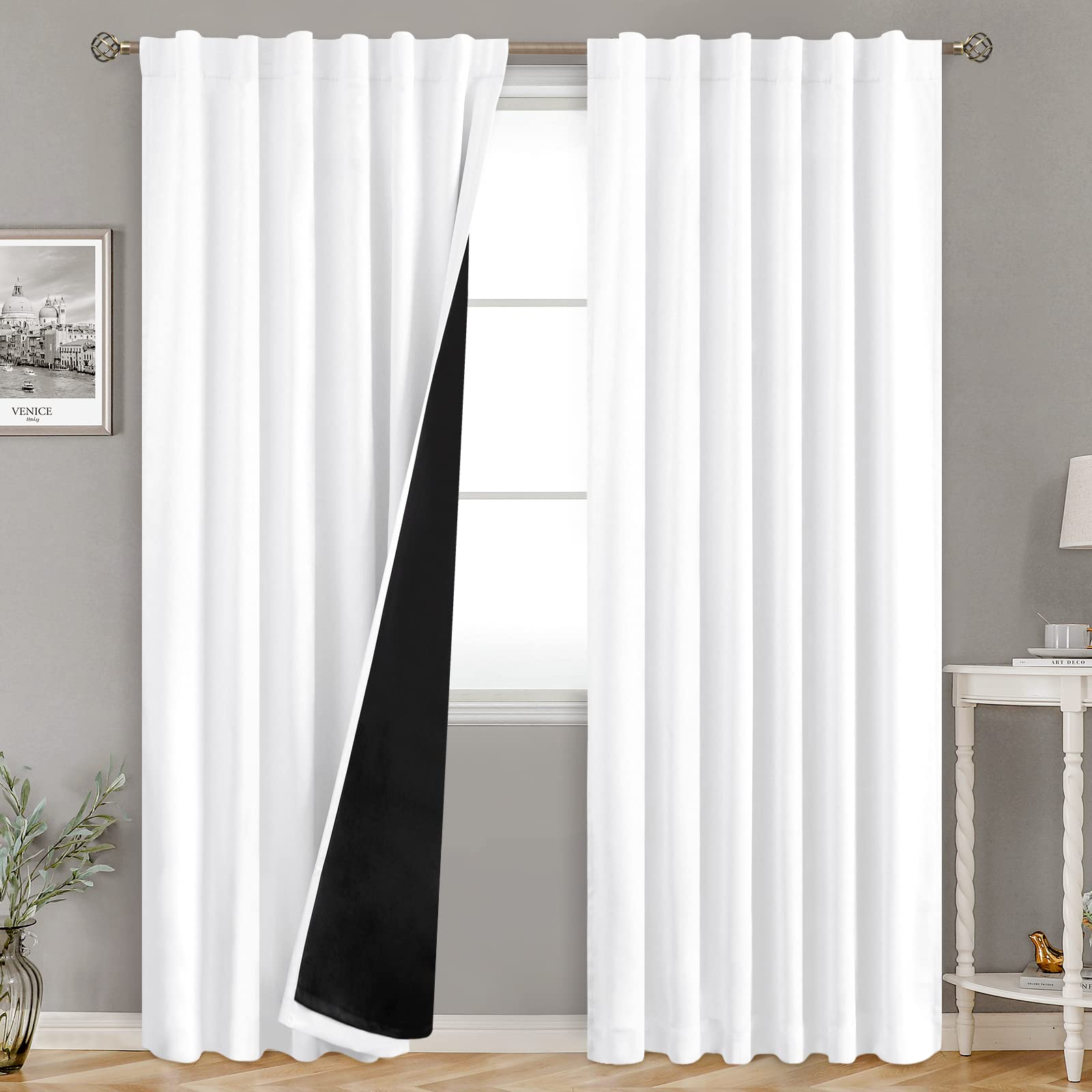 BGment Pure White 100% Blackout Curtains for Bedroom, Black Out Living Room 84 inch Panels with Thermal Liner, Rod Pocket and Back Tab Double Layer Room Darkening Drapes, 2 Panels, Each 52 x 84 Inch