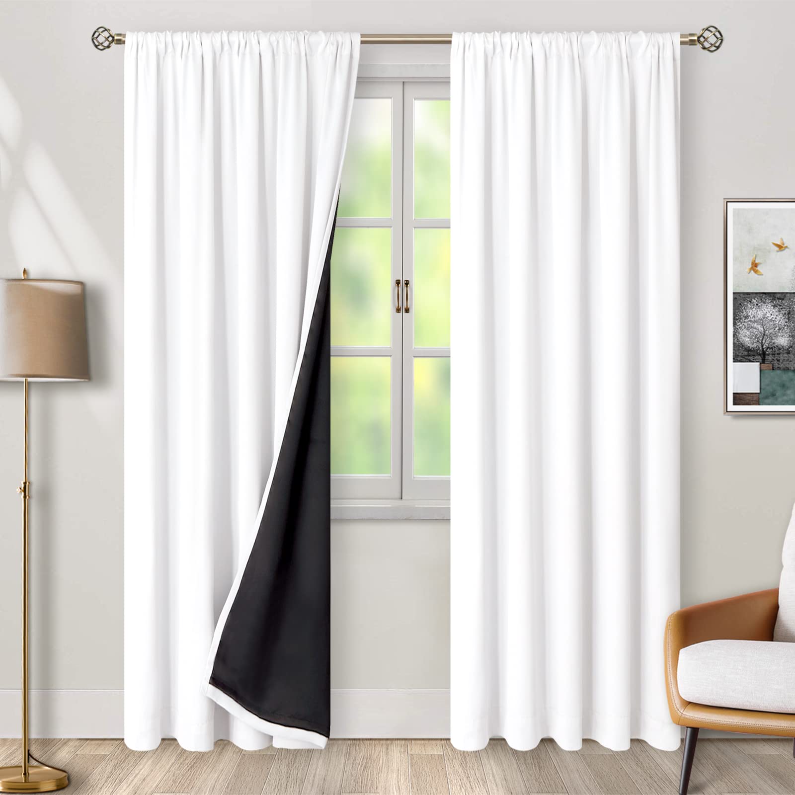 BGment Pure White 100% Blackout Curtains for Bedroom, Black Out Living Room 84 inch Panels with Thermal Liner, Rod Pocket and Back Tab Double Layer Room Darkening Drapes, 2 Panels, Each 52 x 84 Inch