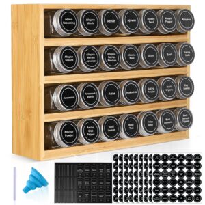 bamboo spice rack organizer with 28 spice jars, 780 labels, 4 tier wood hanging shelf, chalk marker and funnel set for drawer cabinet kitchen countertop wall mount, empty 4 oz glass jar & shaker lids