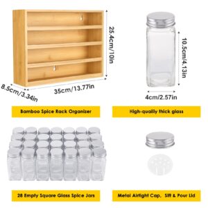 Bamboo Spice Rack Organizer With 28 Spice Jars, 780 Labels, 4 Tier Wood Hanging Shelf, Chalk Marker and Funnel Set for Drawer Cabinet Kitchen Countertop Wall Mount, Empty 4 oz Glass Jar & Shaker Lids