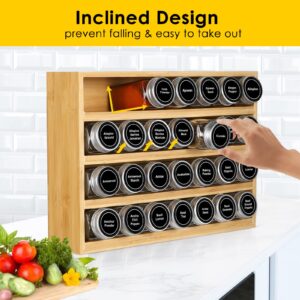 Bamboo Spice Rack Organizer With 28 Spice Jars, 780 Labels, 4 Tier Wood Hanging Shelf, Chalk Marker and Funnel Set for Drawer Cabinet Kitchen Countertop Wall Mount, Empty 4 oz Glass Jar & Shaker Lids